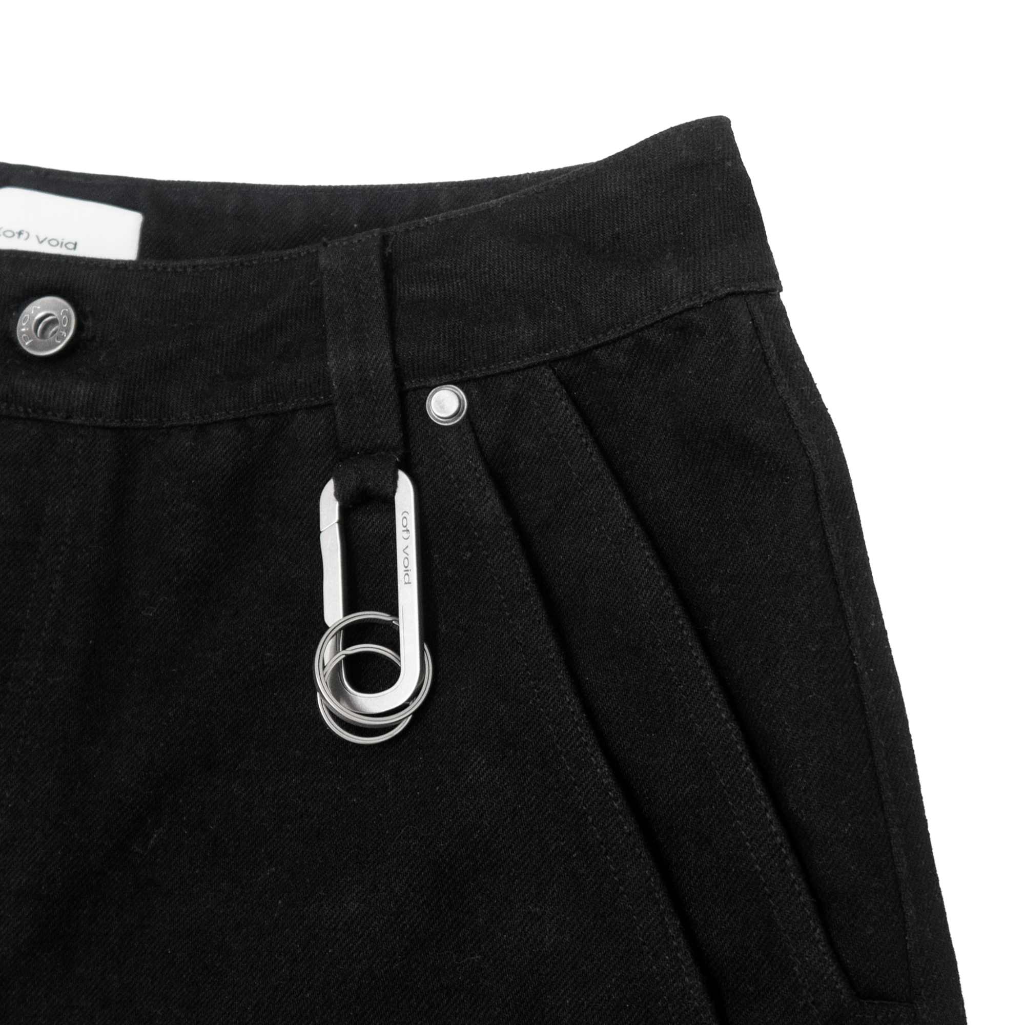 (of) void black denim jeans closeup detail with pockets and carabiner