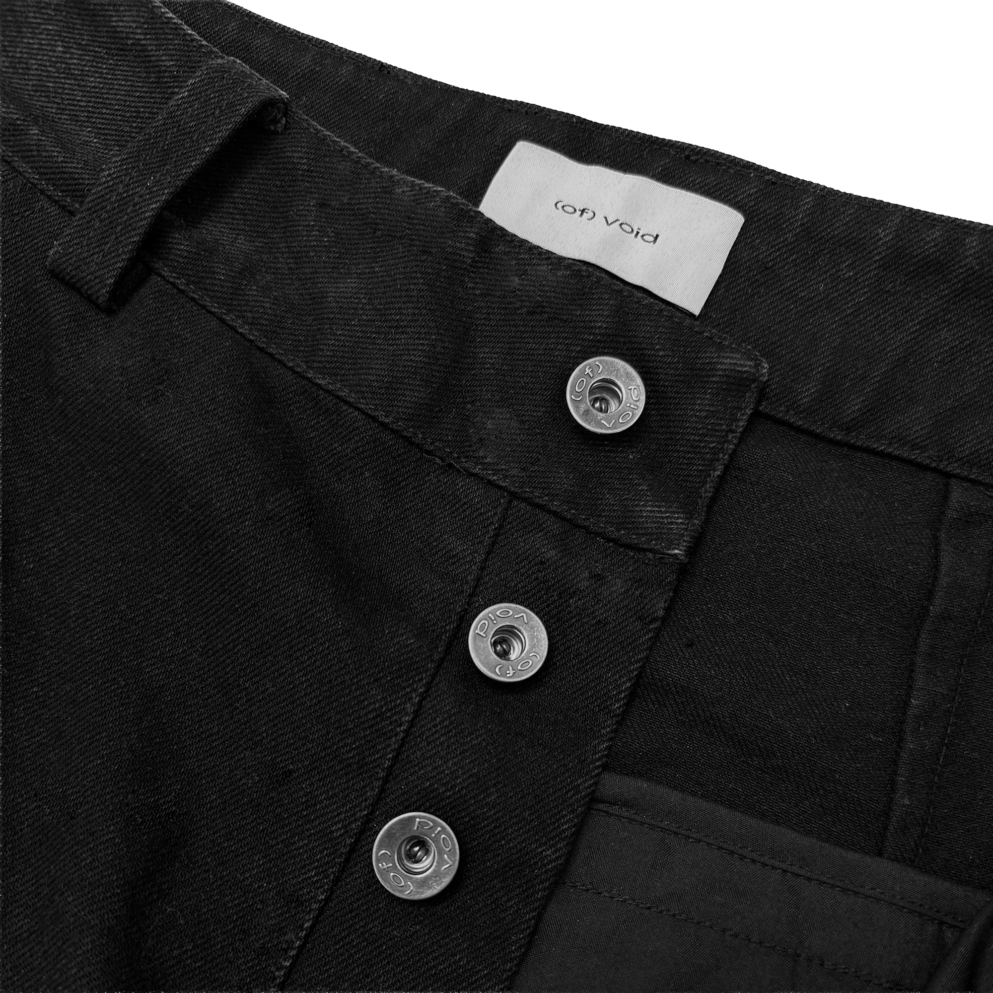 (of) void black denim jeans closeup detail custom logo button fly