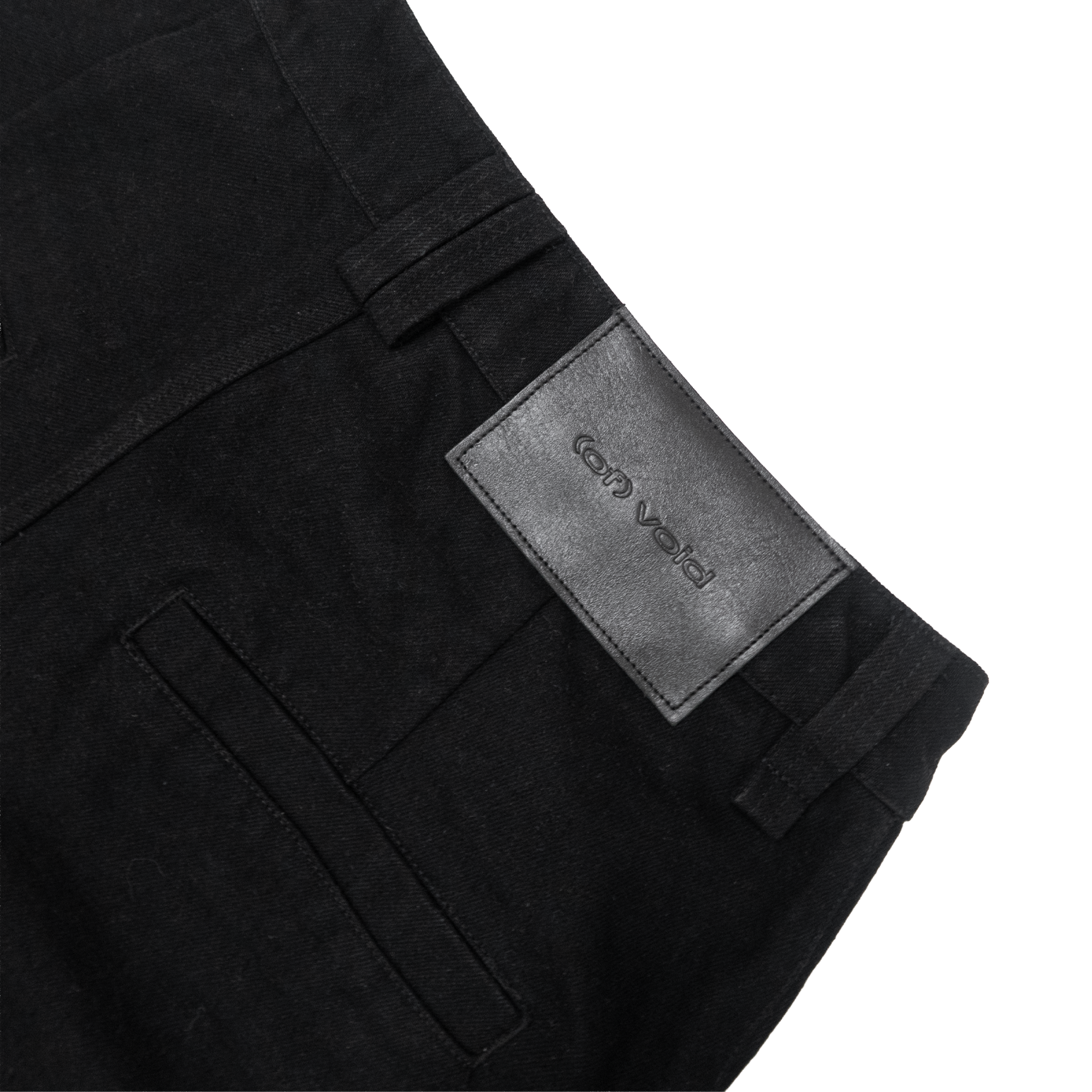 (of) void black denim jeans closeup detail back leather patch