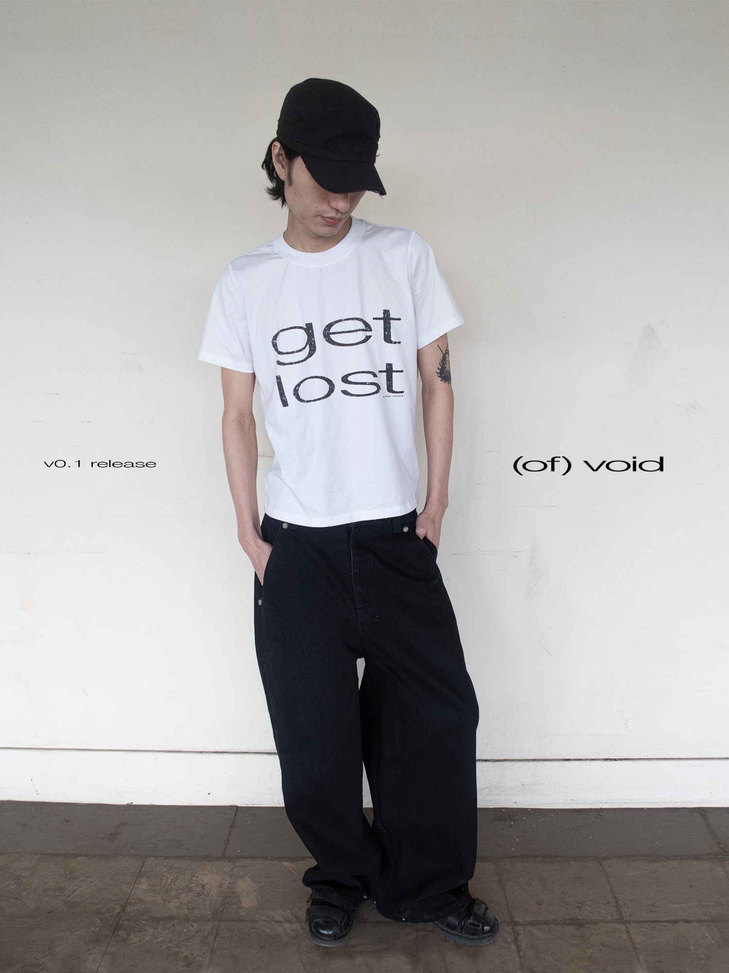 (of) void get lost t-shirt front view on male model standing