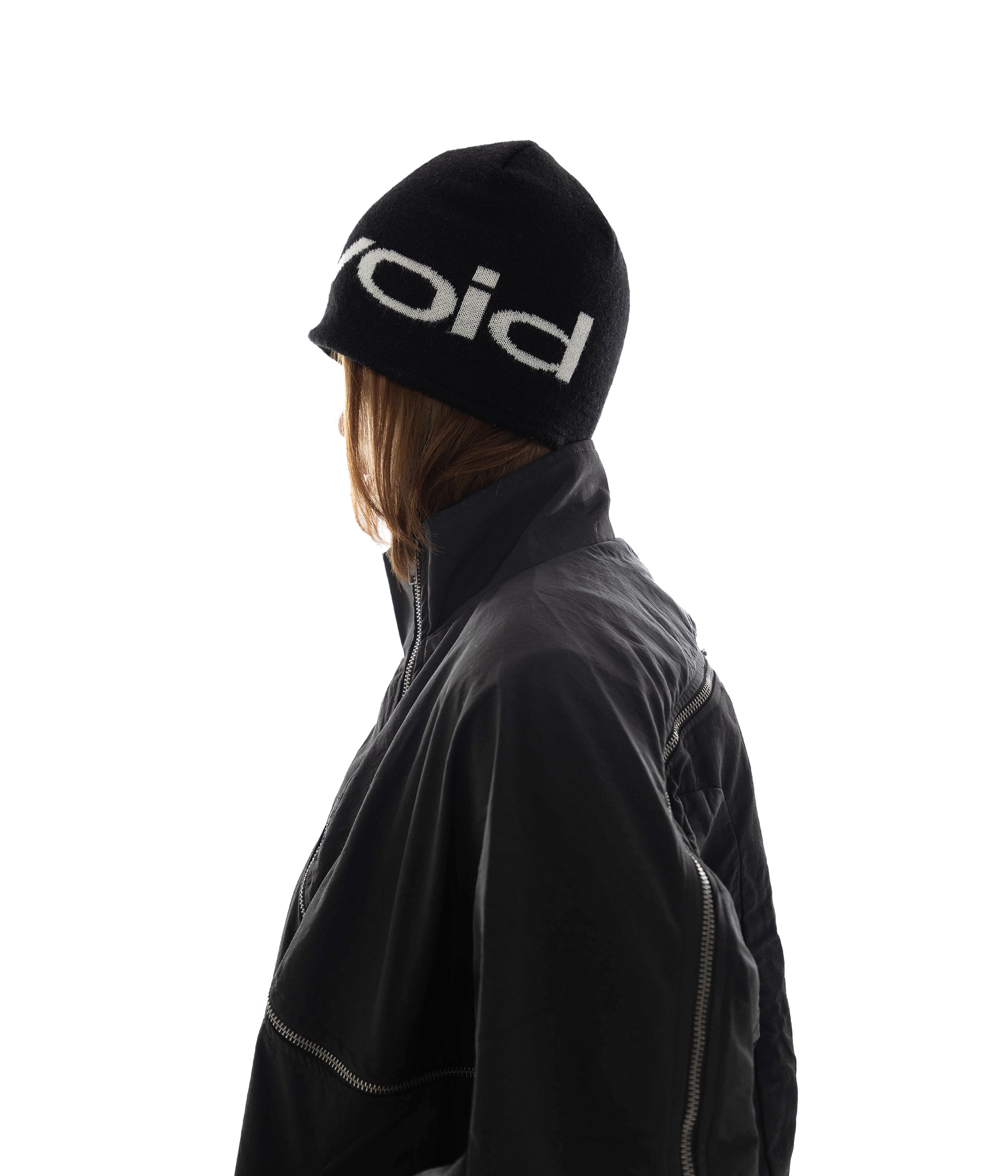 (of) void jacquard logo wool-blend beanie in black side view