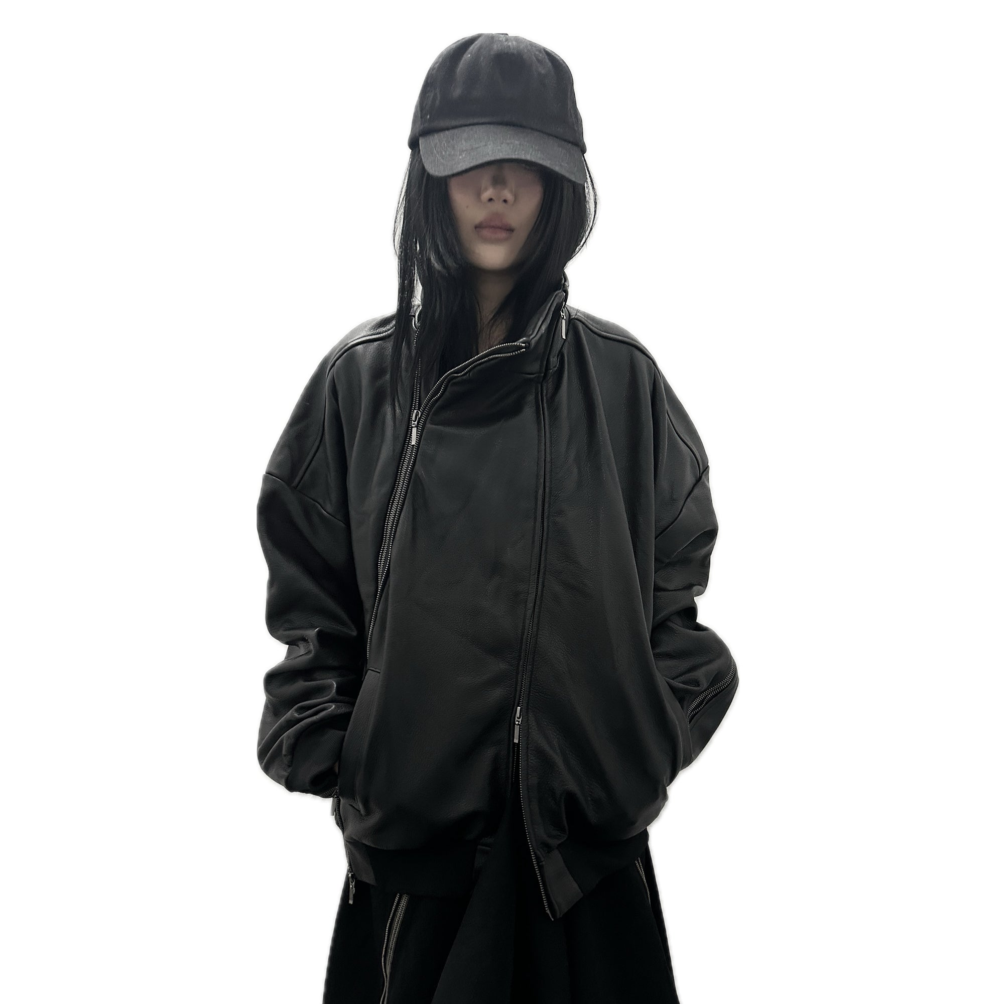 (of) void multi-zip leather blouson jacket front view