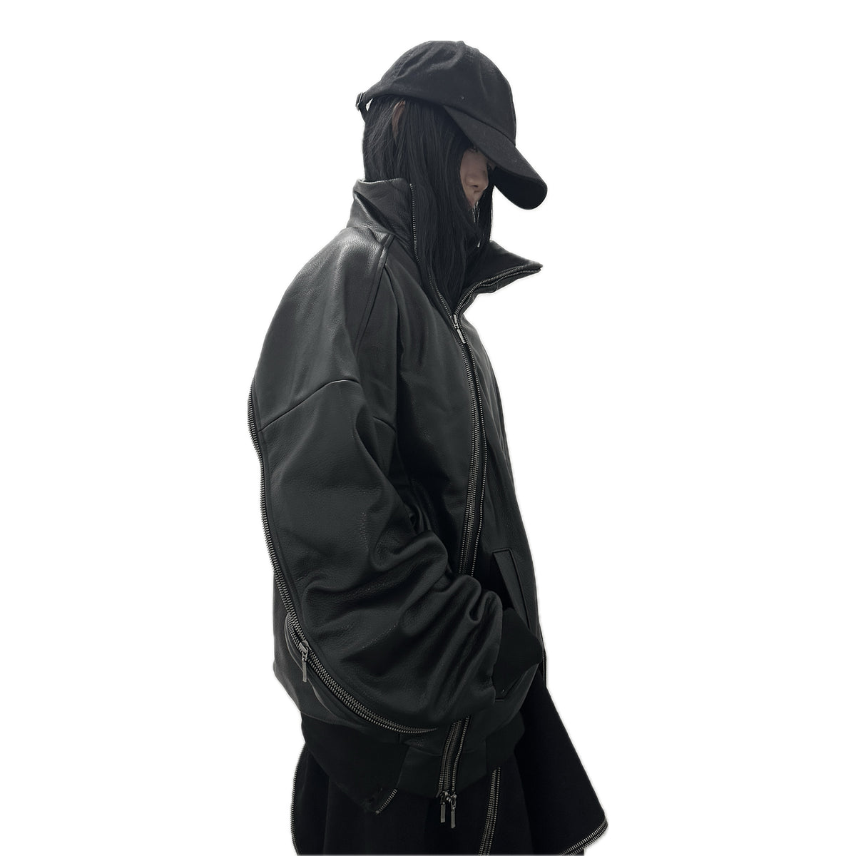 (of) void multi-zip leather blouson jacket side view